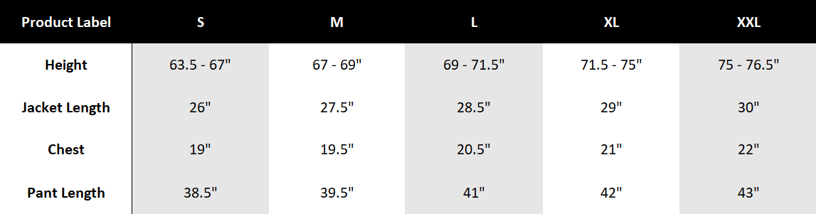 Tracksuits Size Chart in Inches