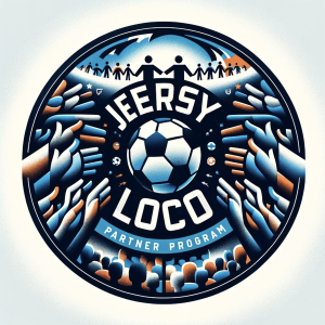 Logo of Jersey Loco Partner Program featuring stylized figures, soccer ball, and hands reaching up in a circular design